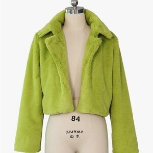 NEW! Cropped Long Sleeve Faux Fur Coat-Green-X-Small